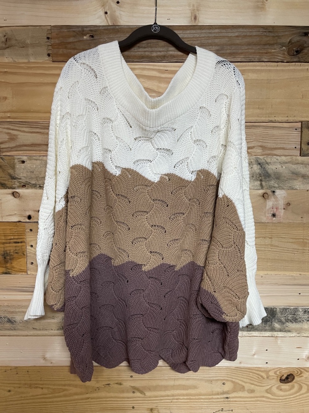 ANDREE BY UNIT size Large Color-block Scoop Neck Sweater in Cream, Tan & Brown